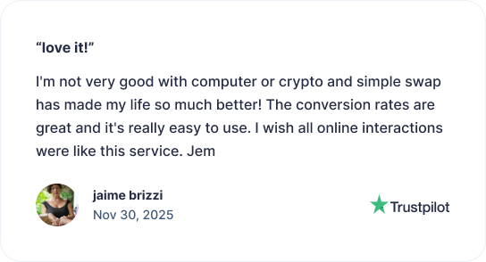 Trustpilot review by Jaime Brizzi, dated Nov 30, 2025, describing SimpleSwap as easy to use with good conversion rates.