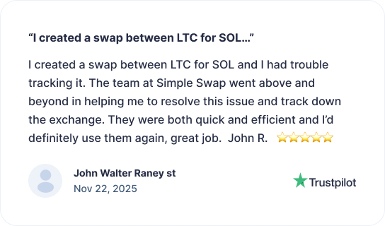 Trustpilot review by John Walter Raney, dated Nov 22, 2025, describing quick, helpful support resolving a swap tracking issue.