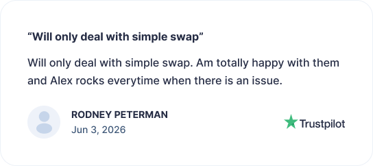 Trustpilot review by Rodney Peterman, dated Jun 3, 2026, praising SimpleSwap and a named support agent for resolving issues.