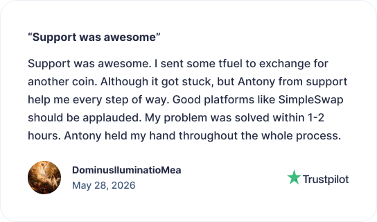 Trustpilot review by DominusIlluminatioMea, dated May 28, 2026, describing helpful support resolving a stuck exchange within a couple of hours.